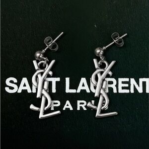Yves Saint Laurent Silver Tone YSL Logo Drop Charm Stamped Earrings